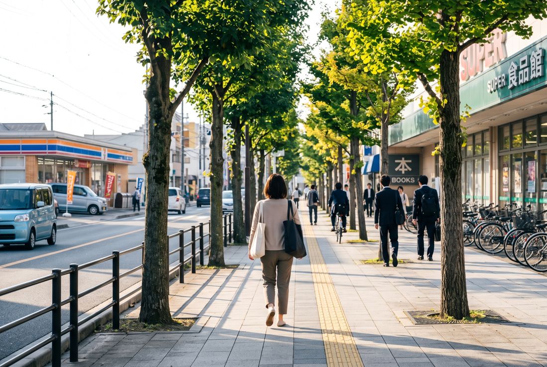 街路樹のある歩道を歩く人の後ろ姿（イメージ）